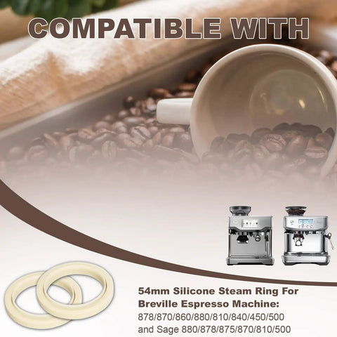 54Mm Silicone Steam Ring For Espresso Machines Barista Grade Grouphead Gasket Replacement Compatible With Breville And Sage Models 878 870 860 880 810 840 450 500 And 875 BPA Free Heat Resistant shown with coffee machines and beans