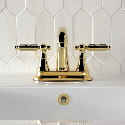 Four Inch Centerset Bathroom Faucet In Slick Polished Brass With Drip Free Ceramic Cartridge Includes Matching Pop Up Drain
