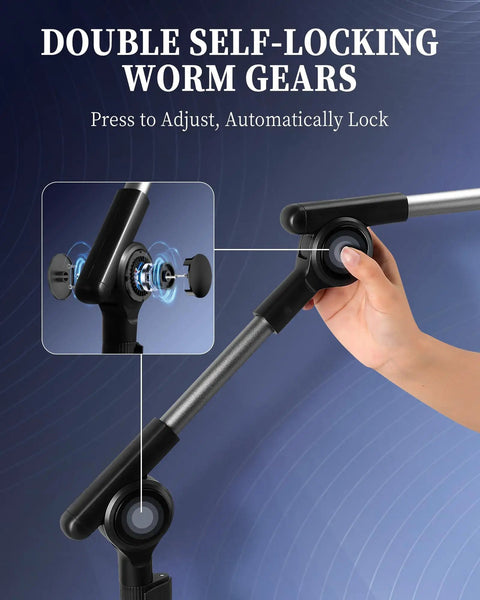 Versatile Height Adjustable Tablet Floor Stand With Dual Self Locking Gears close-up of worm gears mechanism for secure adjustments.