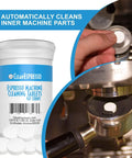 CleanEspresso 40-count espresso cleaning tablets bottle, hand inserting tablet into espresso machine