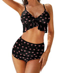 Two Piece Push Up Bathing Suit For Women With Adjustable Straps Pink And Black Bow Back Cutout Swimsuit Removable Padding Size 2XL