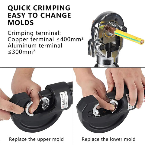 18V Hydraulic Crimping Pliers With Digital Display Cordless Rechargeable Wire Cable Lug Tool showing mold replacement steps.