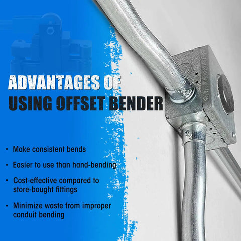 SDSNTE 2-In-1 Conduit Offset Bender For 1/2 Inch And Three Quarter EMT Electrician Grade Box Breaker Tool Quick Swap Design showing uses and advantages.