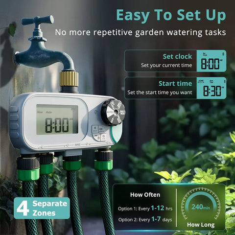 No Fuss All In One Sprinkler Timer For Garden Hose With Child Lock Programmable Brass Digital Water Timer 4 Zone display