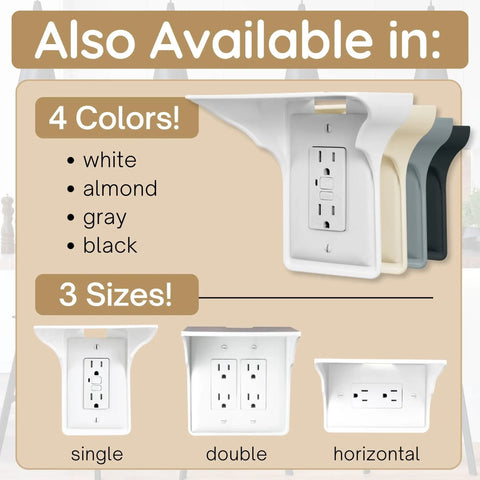 Double Wall Outlet Shelf With Cord Storage Strap To Declutter And Free Up Counter Space, showing available colors and sizes.