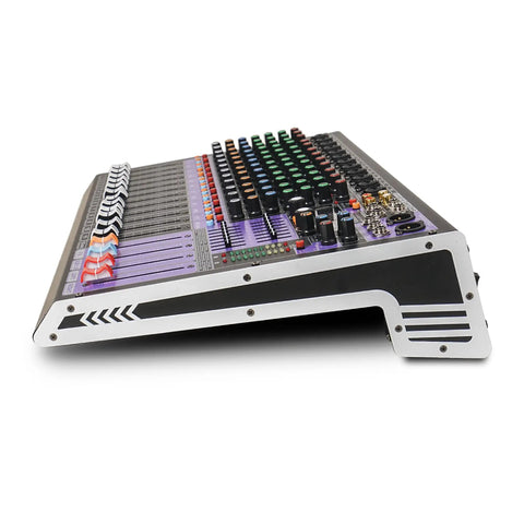 Side view of 12 Channel Pro Audio Mixer With 99 DSP Processing, USB MP3 Bluetooth, Dual 7 Band EQ On Every Channel, 48V Phantom Power, Mute And Recording Capable Triton TX1202 featuring multiple knobs and sliders.
