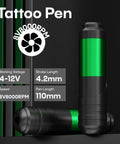 All-In-One Tattoo Pen Kit For Beginners With 2 Batteries, 20 Cartridge Needles, shown with voltage and speed details
