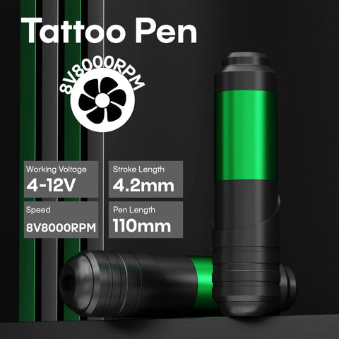 All-In-One Tattoo Pen Kit For Beginners With 2 Batteries, 20 Cartridge Needles, shown with voltage and speed details