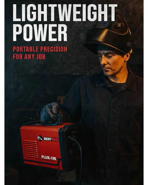 Man holding 135A MIG Welder With 3 In 1 Flux Core MIG Lift TIG And Stick Welding Portable IGBT Inverter 110V