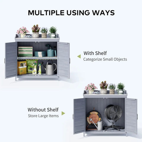 Outdoor Potting Bench With Metal Tabletop And Double Doors Cabinet, Weatherproof Garden Work Station With Adjustable Shelf options