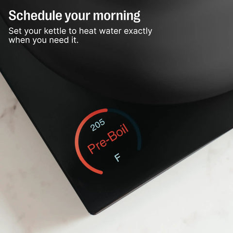 Gooseneck Pour Over Coffee Kettle With Precise Temperature Control Quick Heat Up Brew Timer And Scheduling base with display.