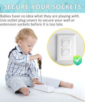 Baby playing with screwdriver near power strip, showing Baby Proof Outlet Covers 60 Pack For Kid Safe Sockets And Home Electrical Protection