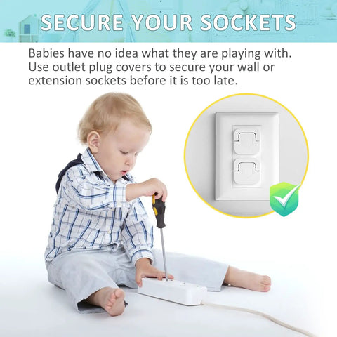 Baby playing with screwdriver near power strip, showing Baby Proof Outlet Covers 60 Pack For Kid Safe Sockets And Home Electrical Protection