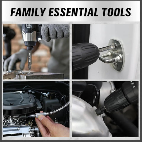 232-Piece Ultimate Screwdriver Bit Set in use with impact drivers and wrenches for home and automotive repairs.