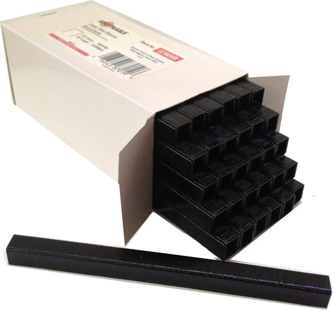 Kickass 22 Gauge Three Eighth Crown Chisel Point Upholstery Staples in a box, black, for C type hand tools, ideal for fastening.
