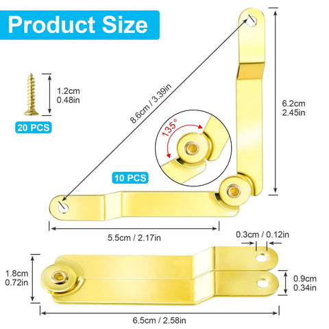 Gold Lid Support Hinge Set With 20 Screws, Foldable Lid Stay Safety Hinges, shown with dimensions and rotatable mechanism.