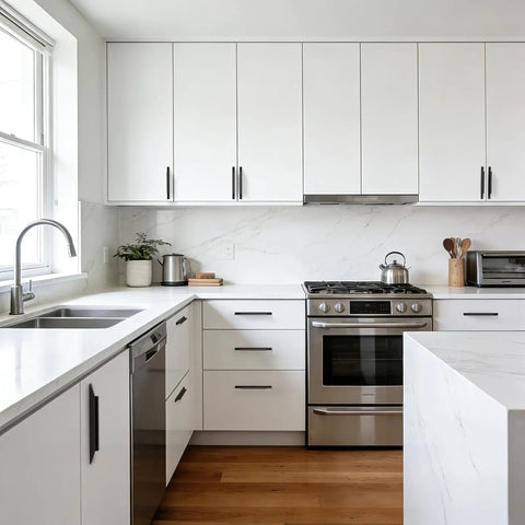 Modern kitchen with white cabinets featuring 10 Pack Slick Matte Black Cabinet Handles 5 Inch Center To Center 128mm Finger Pulls