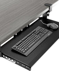 Under Desk Keyboard Tray Pull Out With Sturdy Adjustable C Clamp Mount System 32.5 Inch Clamp Span 27.3 Inch Platform By 11 Inch Slide Out For Typing Space Saver Black showing keyboard and mouse
