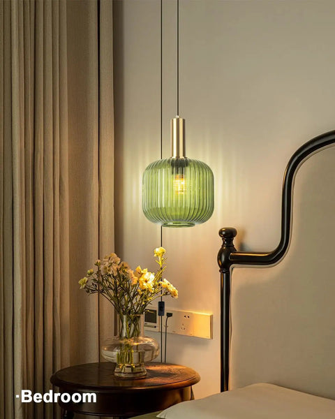 Green Glass Plug In Pendant Light With Retro Chic Mid Century Modern Vibe Brushed Gold Accents 1 Light Lantern Shade Indoor Ceiling Hanging Chandelier For Living Room Bedside Or Over Table