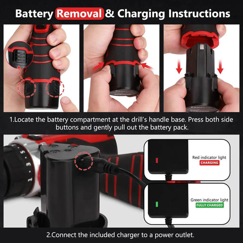 Instructions for battery removal and charging of 276-Piece Tool Set Kit With 12V Cordless Drill Driver.