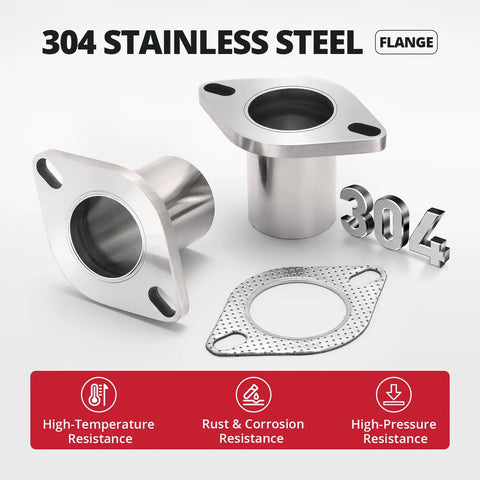 Beefy 2 Bolt Exhaust Flange Repair Kit With Solid 304 Stainless Steel Pipe and Gasket Set for a quick no fuss swap on 2 inch universal muffler.
