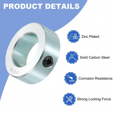 Set Screw Shaft Collars 1-1/16 Inch Bore, 1-3/4 Inch Outside Diameter, 5/8 Inch Width, Zinc Plated Carbon Steel Locking Clamp for Linear Rod Guides, Heavy-Duty Rock-Solid Positioning Spacers That Lock Down; zinc-plated set screw collar
