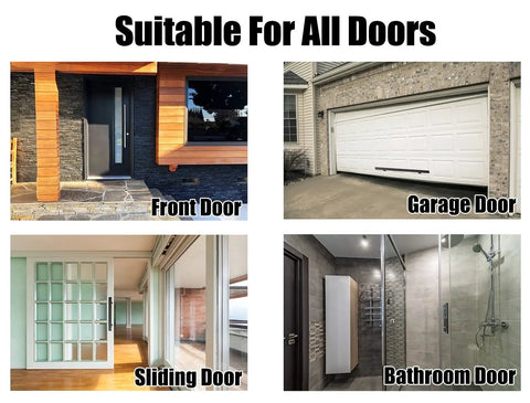 Photo collage showing front, garage, sliding, and bathroom doors highlighting universal compatibility of Shower Door Handle H Shape Sliding Door Handle With Cloud Pattern Gold 180cm Universal Door Pull For Wood Glass And Metal Doors Built To Last Non Locking Easy To Install For Interior And Exterior Use.