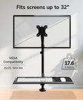 Slick Sit Stand Monitor Arm With Keyboard Tray For Up To 32 Inch Displays, height adjustable VESA mount with keyboard shelf.