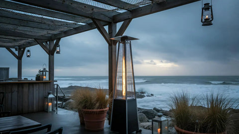 Pyramid Patio Heater With 48000 BTU Output For Outdoor Comfort Propane Fueled Heat For Patios And Commercial Spaces on deck