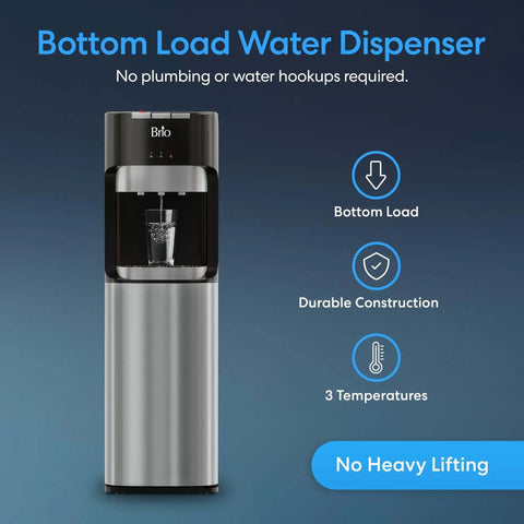 Bottom Load Water Dispenser for Five Gallon Bottles with Hot Cold and Room Temperature Water, stainless steel, no heavy lifting