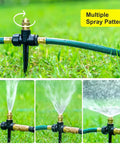 Above Ground Garden Sprinkler System With Metal Adjustable Heads, 360 Degree Coverage For Lawn, Patio, Flower Beds And Yard, Easy No Tools Required Installation, Flexible Irrigation Kit showing multiple spray patterns on grass.