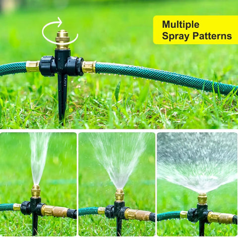 Above Ground Garden Sprinkler System With Metal Adjustable Heads, 360 Degree Coverage For Lawn, Patio, Flower Beds And Yard, Easy No Tools Required Installation, Flexible Irrigation Kit showing multiple spray patterns on grass.