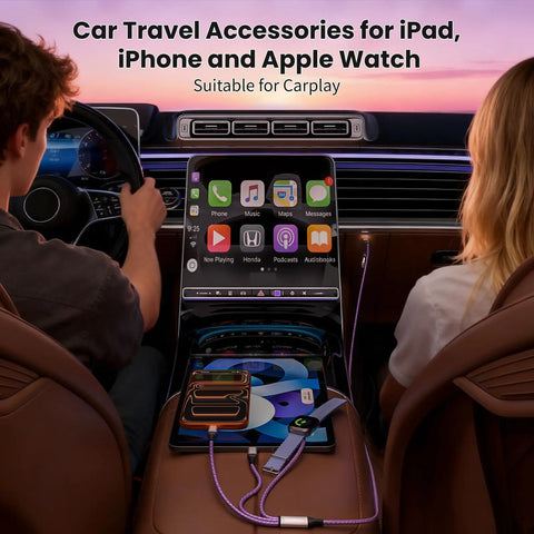 3 In 2 USB A To C Charging Cable for iPhone and iWatch, Braided 5 Ft Multi Charger Cord in car, purple, ideal for travel