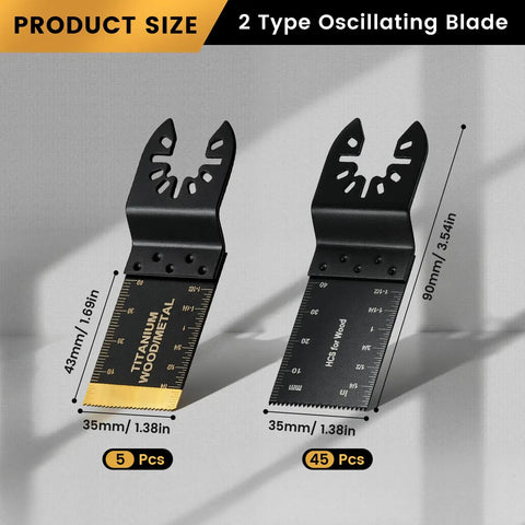 50 Piece Oscillating Blades Kit For Wood And Metal, Dual Material Set With 45 HCS Blades For Clean Wood Cuts And 5 Titanium Coated Blades For Wood Or Metal Tough Jobs, 35mm Blades, Durable Multi Tool Upgrade showing 35mm blade sizes