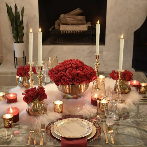 Elegant table setting with four Flameless Taper Candles With Remote And Timer 6 Pack LED Battery Operated Flickering Ivory Candlesticks