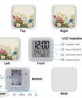 Fresh Spring Flower Printed Cube Digital Desk Clock Running Completely Silent With Sleek Date And Temp Screen Soft Glow Nightlight Mode And Auto Snooze For Chillin On Your Bedside Table Or Home Office Desk Setup - showing multiple angles and features.