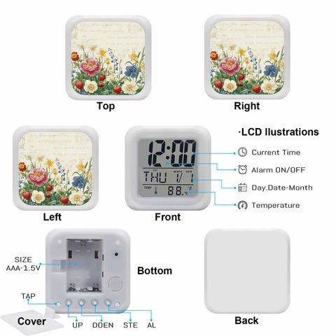 Fresh Spring Flower Printed Cube Digital Desk Clock Running Completely Silent With Sleek Date And Temp Screen Soft Glow Nightlight Mode And Auto Snooze For Chillin On Your Bedside Table Or Home Office Desk Setup - showing multiple angles and features.