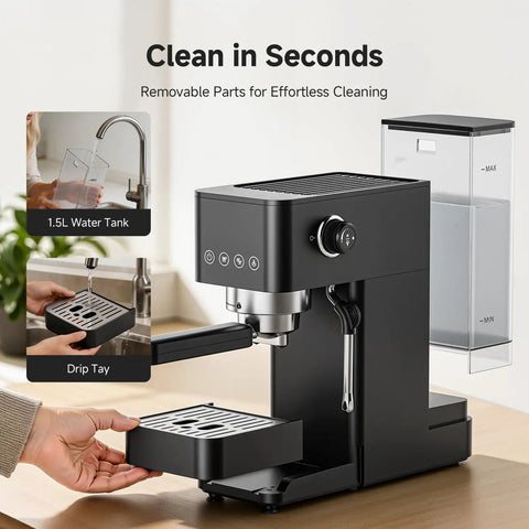 Snag This Pro Level 20 Bar Espresso Machine With Rapid 30 Second Heat Up And Precision Microfoam Steam Wand For Dope Lattes And Creamy Cappuccinos In A Tight Black Build showing 1.5L water tank and drip tray.