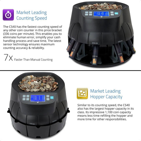 Hustle Ready Commercial Coin Counter And Sorter Roller Machine With Large Hopper Auto Reverse Motor, showing coins in large hopper.