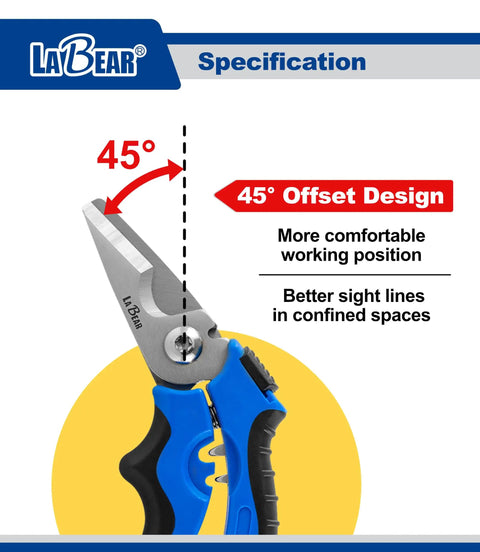 7 Inch Angled Electricians Shears For Wire And Cable Cutting, ergonomic grip, 45° offset stainless steel blades, blue handle
