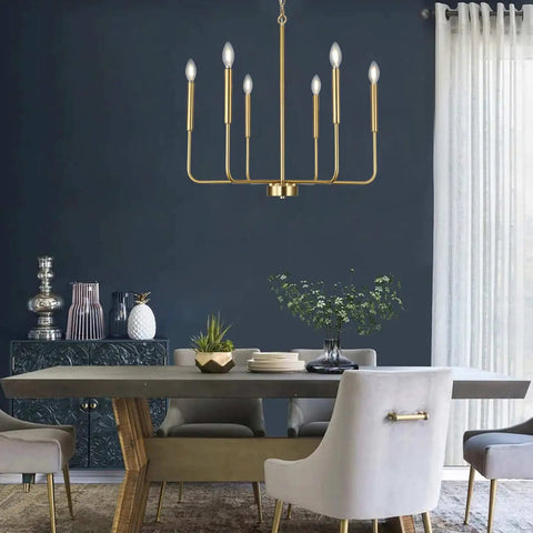 Farmhouse Style Gold Candle Chandelier With Brushed Brass Finish 6 Light Mid Century Branches Ceiling Fixture for dining area
