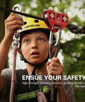 Child using Beefed Up Zipline Pulley Trolley 30KN Double Sheave For Quarter, Five Sixteenths, Three Eighths, And Half Inch Cables