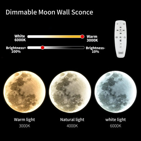 Color temperature and dimming settings for Dimmable Moon Wall Sconce With Remote, Plug-In LED Wall Light, warm to white light.