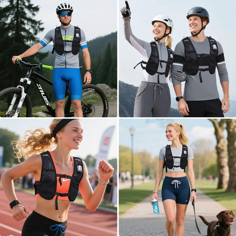 Cyclist wearing Lightweight Hydration Running Vest Pack with Adjustable Chest Straps and Front Pockets for easy hydration on the go.