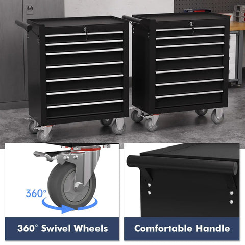 7 Drawer Rolling Tool Chest With Locking System On Wheels, Beefy High Capacity Steel Tool Cabinet For Garage, Workshop, And Warehouse, Durable Black Metal Storage Cart with 360 swivel wheels
