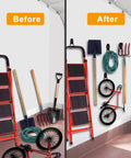 Before and after using Heavy Duty Steel Garage Hooks Pack Of 10 For Organizing Power Tools Ladders Bikes And Bulk Gear