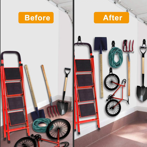 Before and after using Heavy Duty Steel Garage Hooks Pack Of 10 For Organizing Power Tools Ladders Bikes And Bulk Gear
