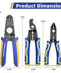 DIY Wire Stripper Tools Set 10 To 20 AWG Three Piece Set showing product dimensions with manual strippers and cutters.