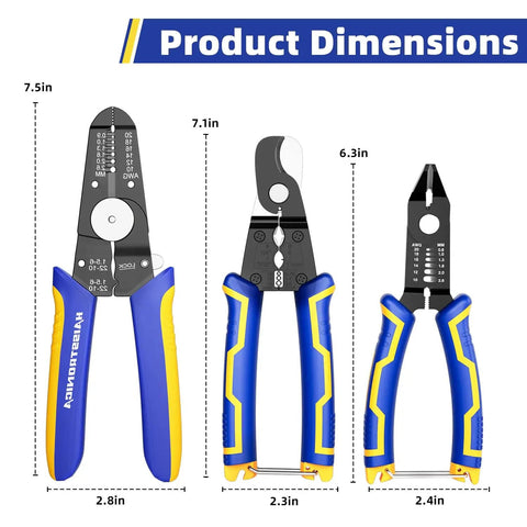 DIY Wire Stripper Tools Set 10 To 20 AWG Three Piece Set showing product dimensions with manual strippers and cutters.