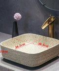 USZWBY Vintage Ceramic Bathroom Vessel Sink - Antique Carved Lines Washbasin Art Countertop Basin with Accessories - 38.5x38.5x14cm